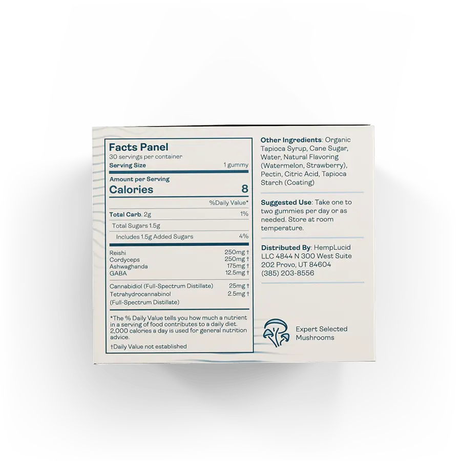 Detailed nutritional facts panel of HempLucid mushroom gummies, showing CBD, THC content, and ingredients like Reishi, Ashwagandha, and Cordyceps for stress management.