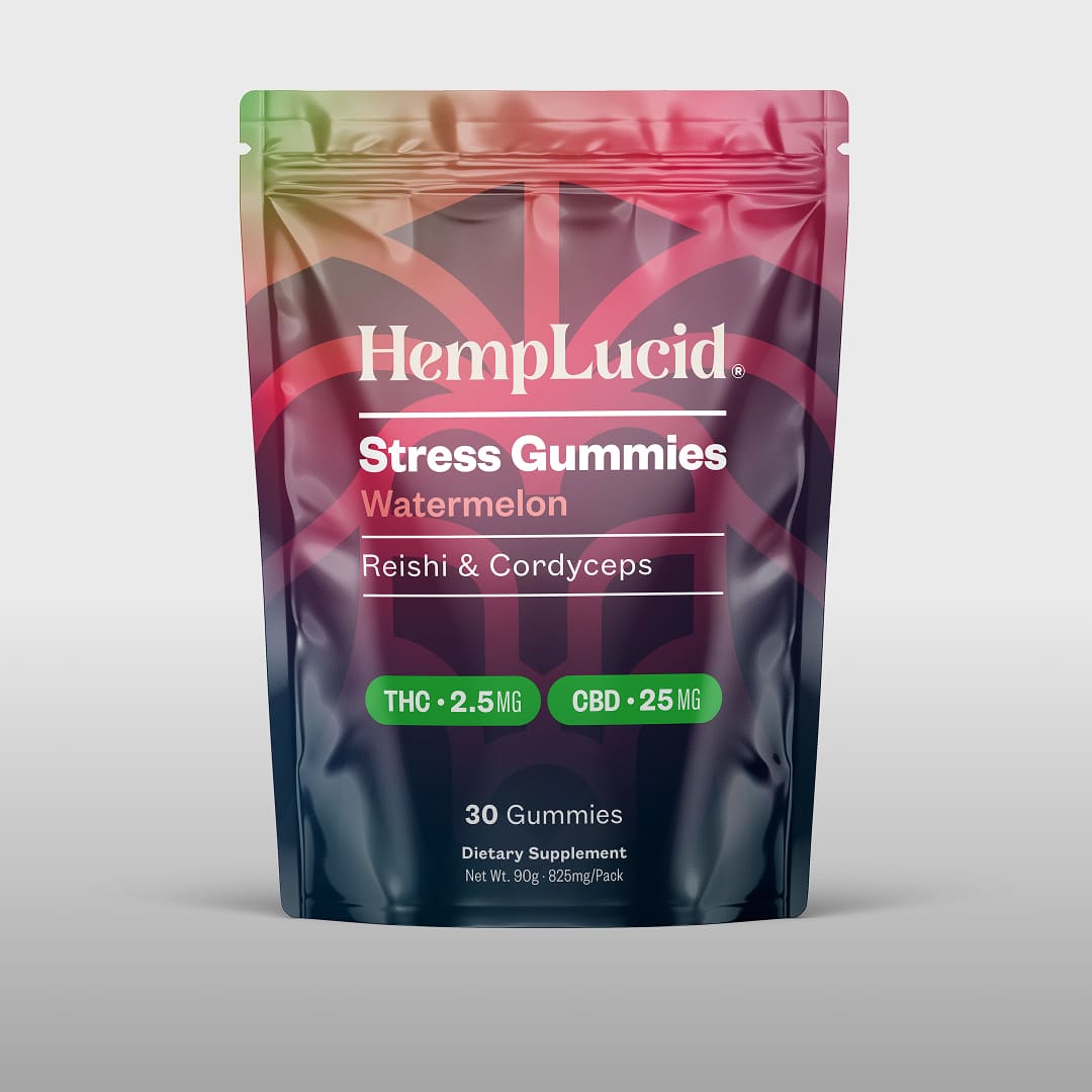 HempLucid Stress Gummies Watermeleon flavor with Reishi and Cordyceps 30CT package standing up on a clean background. THC 2.5mg, CBD 25mg