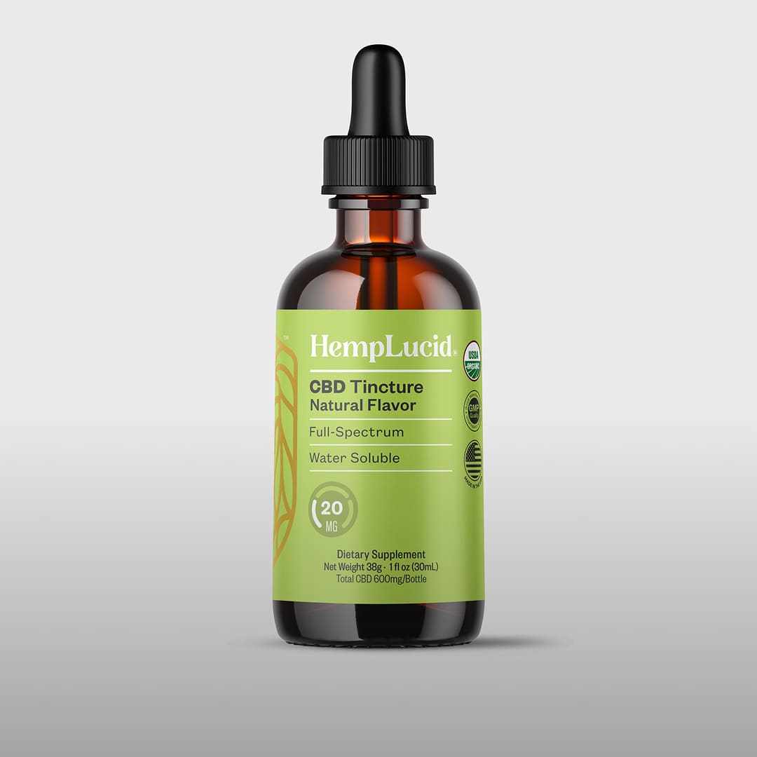 HempLucid CBD Tincture Natural Flavor, Full-Spectrum, Water Soluble, 20mg Strength, front of bottle and primary package lable