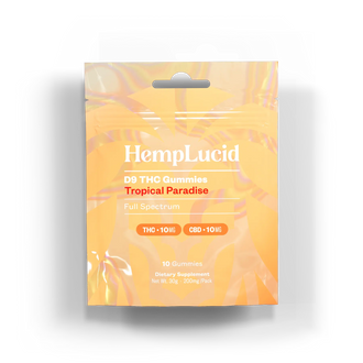 Front view of HempLucid D9 THC Gummies - Tropical Paradise, featuring vibrant orange packaging with 10mg THC and 10mg CBD per gummy. Full Spectrum dietary supplement with 10 gummies per pack.
