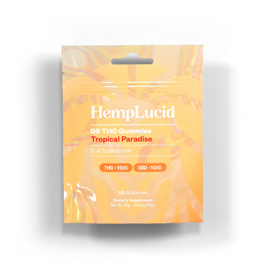 Front view of HempLucid D9 THC Gummies - Tropical Paradise, featuring vibrant orange packaging with 10mg THC and 10mg CBD per gummy. Full Spectrum dietary supplement with 10 gummies per pack.