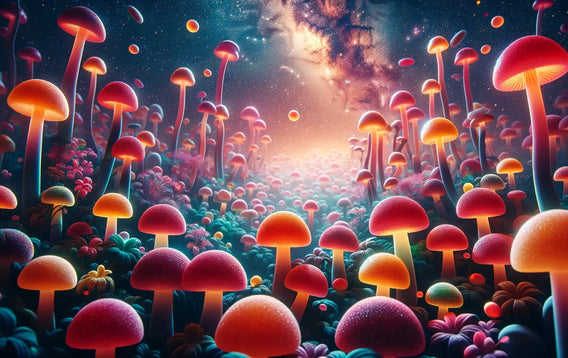 Enchanting landscape with vibrant mushroom-shaped gummies growing under a starlit sky, invoking wonder.