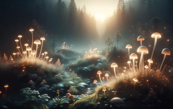 Serene landscape with glowing mushrooms, symbolizing tranquility and mystical beauty.