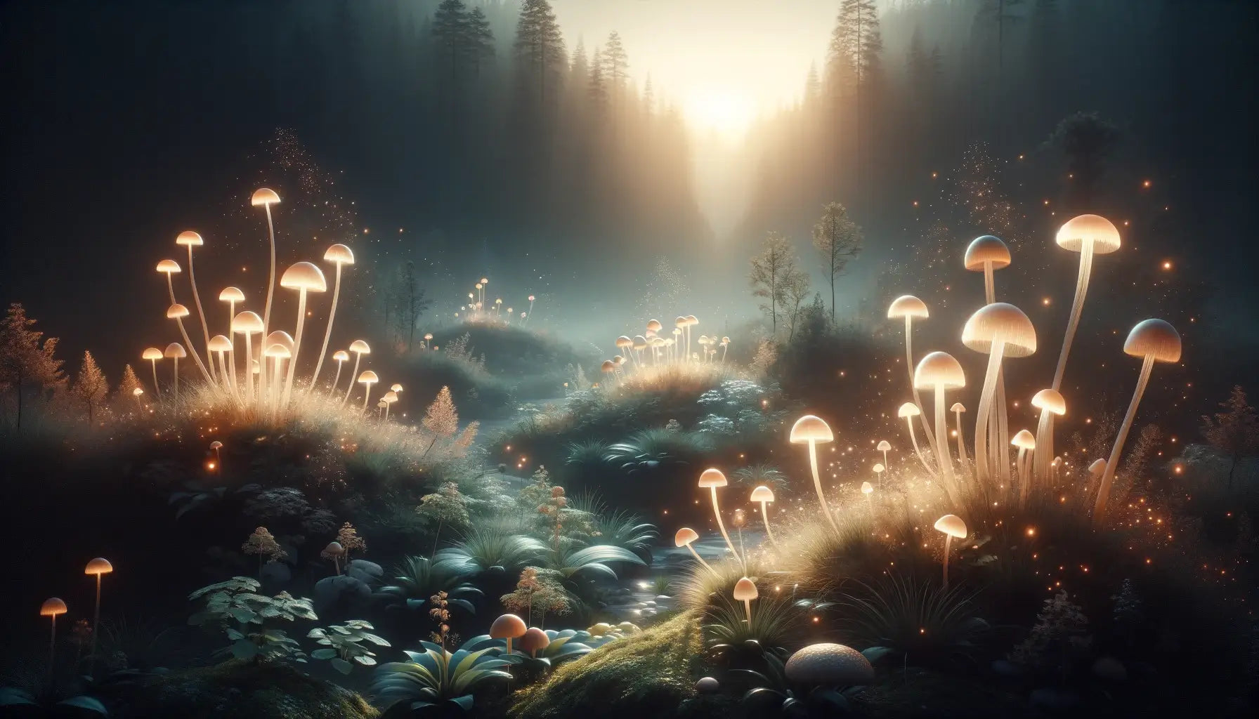 Serene landscape with glowing mushrooms, symbolizing tranquility and mystical beauty.