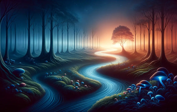 Serene twilight landscape with a winding river through a mystical forest, symbolizing time's passage