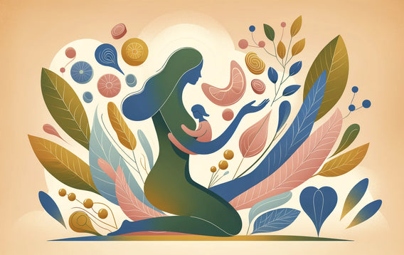 Illustration of an adult in a serene setting, surrounded by abstract nature, symbolizing wellness.