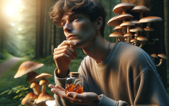 Person contemplating the effects of mushroom gummies amidst various mushrooms.