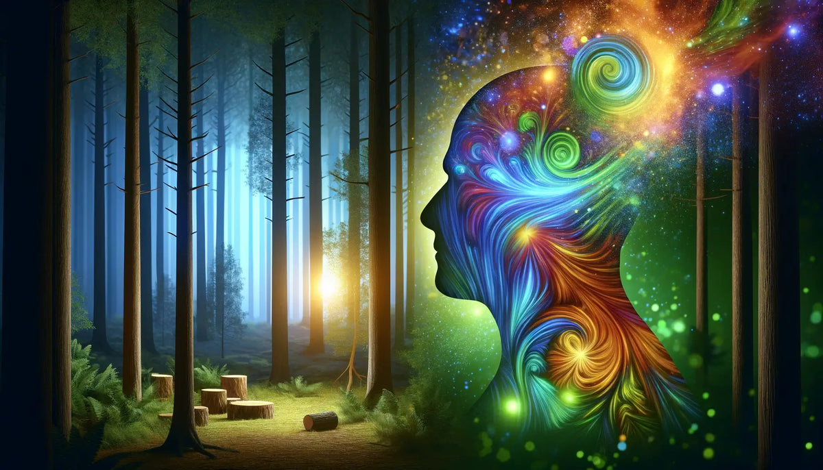 Human silhouette with vibrant energy in a mystical forest, symbolizing transformation