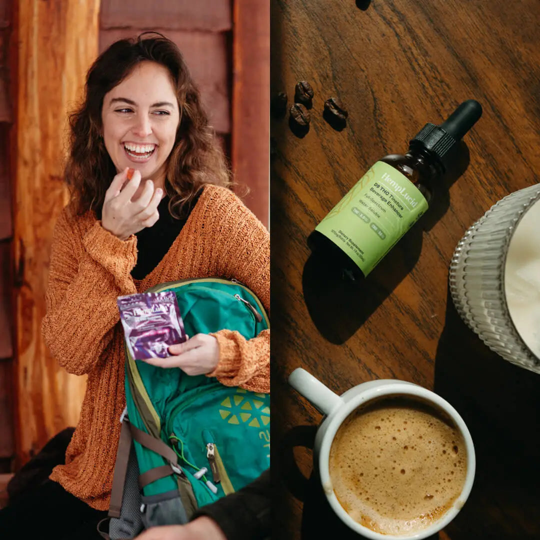 Side by Side of girl with orange sweatshrit and green backpack eating a gummy. on the right beverage enhancer next to a cup of coffee.