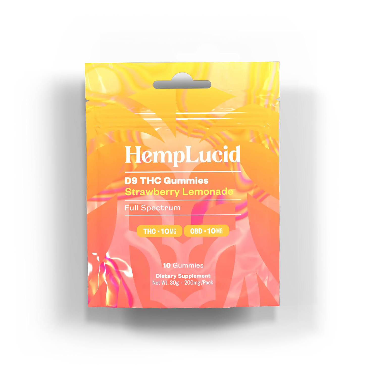 Front view of HempLucid D9 THC Gummies packaging in Strawberry Lemonade flavor, featuring a vibrant yellow and pink design, labeled with 10mg THC and 10mg CBD per gummy.