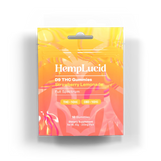 Front view of HempLucid D9 THC Gummies packaging in Strawberry Lemonade flavor, featuring a vibrant yellow and pink design, labeled with 10mg THC and 10mg CBD per gummy.