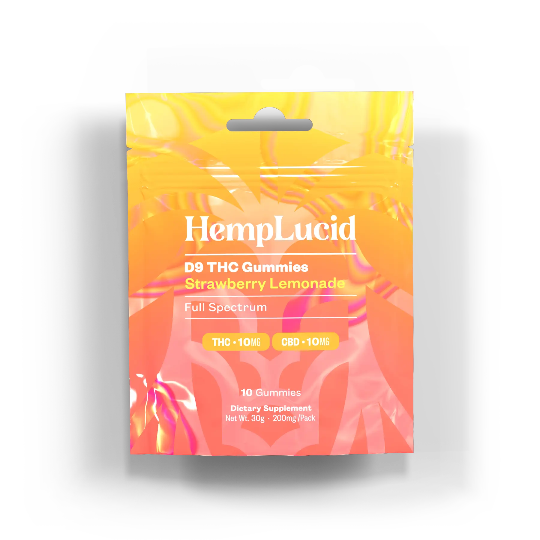 Front view of HempLucid D9 THC Gummies packaging in Strawberry Lemonade flavor, featuring a vibrant yellow and pink design, labeled with 10mg THC and 10mg CBD per gummy.