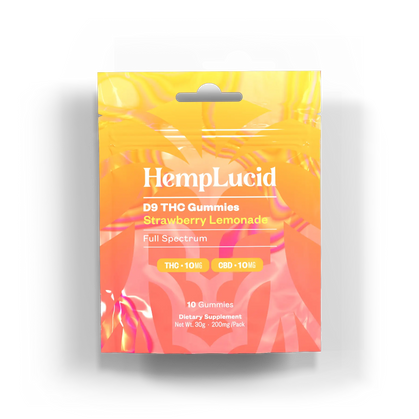 Front view of HempLucid D9 THC Gummies packaging in Strawberry Lemonade flavor, featuring a vibrant yellow and pink design, labeled with 10mg THC and 10mg CBD per gummy.