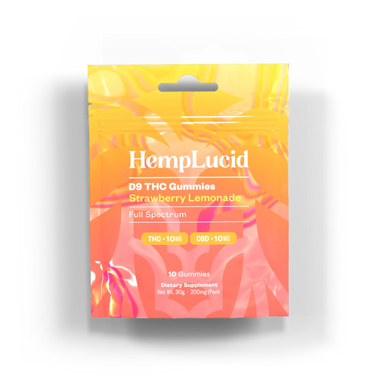 Front view of HempLucid D9 THC Gummies packaging in Strawberry Lemonade flavor, featuring a vibrant yellow and pink design, labeled with 10mg THC and 10mg CBD per gummy.