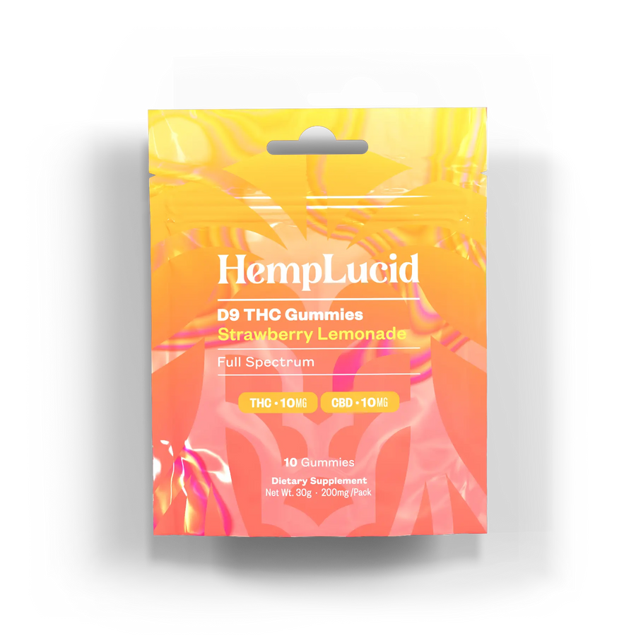 Front view of HempLucid D9 THC Gummies packaging in Strawberry Lemonade flavor, featuring a vibrant yellow and pink design, labeled with 10mg THC and 10mg CBD per gummy.