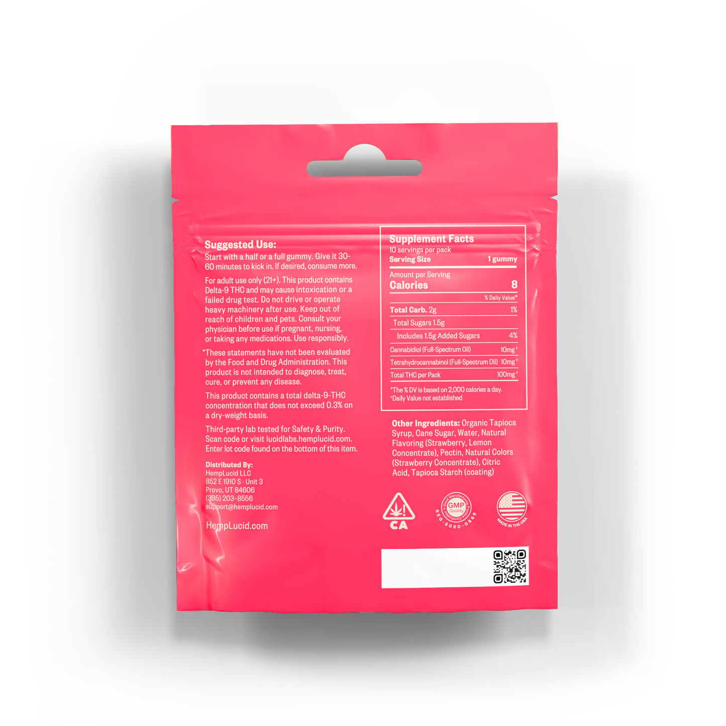 Back view of HempLucid D9 THC Gummies packaging in Strawberry Lemonade flavor, showing suggested use, supplement facts, and product details.