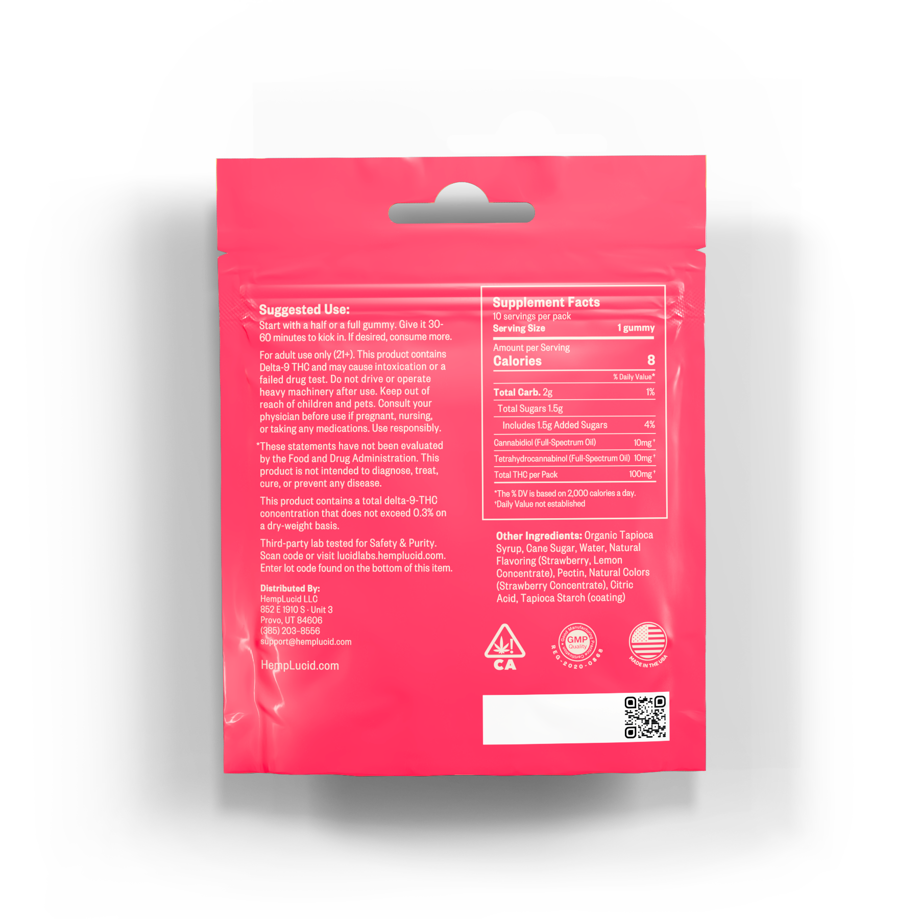 Back view of HempLucid D9 THC Gummies packaging in Strawberry Lemonade flavor, showing suggested use, supplement facts, and product details.