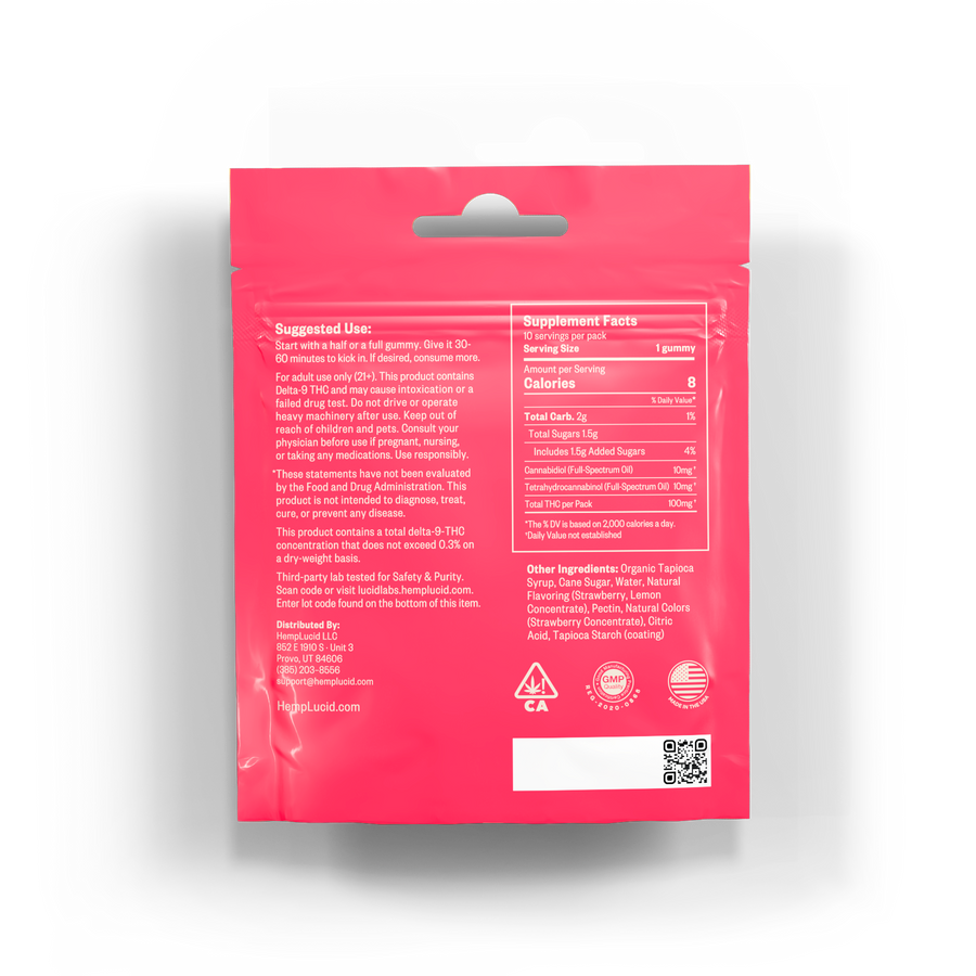 Back view of HempLucid D9 THC Gummies packaging in Strawberry Lemonade flavor, showing suggested use, supplement facts, and product details.
