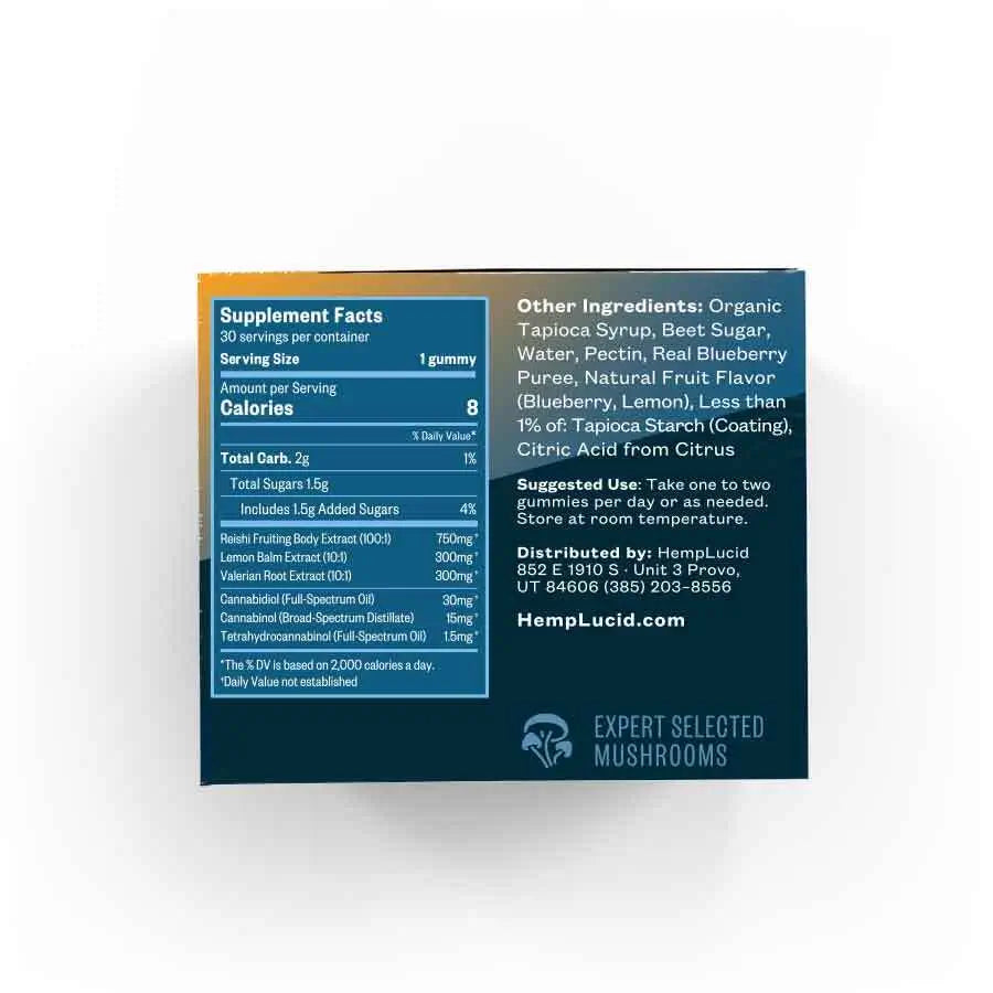 Back label showing the nutritional facts of HempLucid Sleep Gummies, detailed list of ingredients including Reishi, Lemon Balm, Valerian Root, and cannabinoid content for aiding sleep.