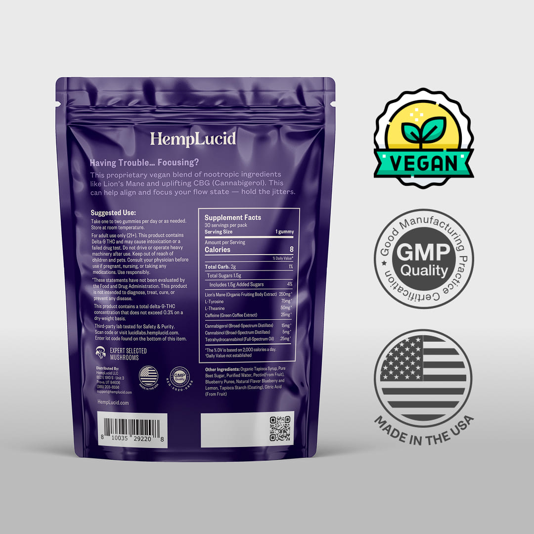 The back label of HempLucid Focus Gummies 30CT bag, next to three badges: Vegan, GMP Quality, and Made in the USA.