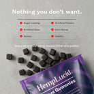 HempLucid Focus Gummies scattered on a light gray textured surface from a purple 30CT bag with text above that reads, "Nothing you don't want. No sugar coating, no artificial flavors, no artificial dyes, no corn syrup, no gluten, not gelatin. Every lot is third-party tested (COAs are public).