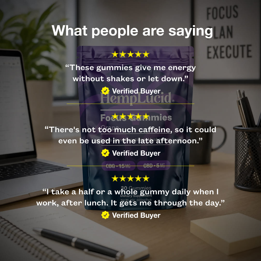 A graphic showing a stand-up pouch of HempLucid CBD gummies on a desk, with overlaid customer review text and star ratings. Text reads, "What people are saying. 'These gummies give me energy without shakes or let down." -verified buyer, 'There's not too much caffeine, so it could even be used in the late afternoon.' -verified buyer 'I take a half or a whole gummy daily when I work, after lunch. It gets me through the day.' -verified buyer