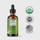 The back label of HempLucid Full-spectrum CBD Tincture in Hemp Seed Oil, an amber 1 fl oz bottle with a green label. On the right, three icons inclure: USDA Organic, GMP Qaulity, and Made in the USA.