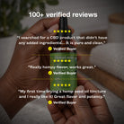 A person holds a HempLuid Full-spectrum CBD Tincture in Hemp Seed Oil tincture bottle against a softly blurred indoor background. White text at the top reads '100+ verified reviews,' with three customer review quotes: 1) “I searched for a CBD product that didn't have any added ingredients… It is pure and clean.” -verified buyer 2) “Really hempy flavor, works great.” - verified buyer and 3) “My first time trying a hemp seed oil tincture and I really like it! Great flavor and potency." -verified buyer