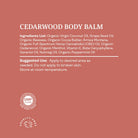 Detailed ingredients list and suggested use for HempLucid Cedarwood Body Balm, including organic coconut oil, beeswax, CBD oil, and essential oils, certified cruelty-free and GMP quality.