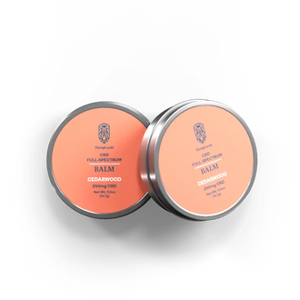 Two tins of HempLucid CBD Full-Spectrum Balm with Cedarwood, each containing 250mg CBD, displayed with salmon-colored labels.