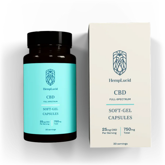 HempLucid 25mg Full-Spectrum CBD THC Soft-Gel Capsules, displayed in a amber bottle with teal label next to its white packaging box, detailing 750mg total CBD content.