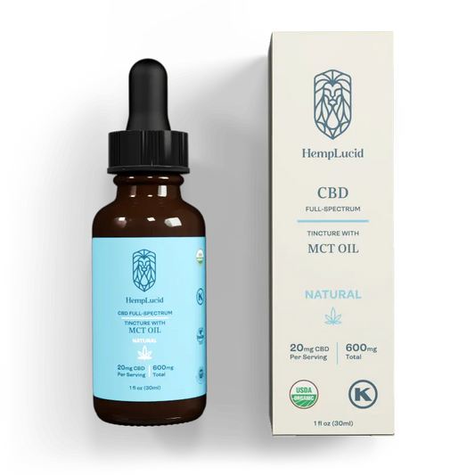 HempLucid Full-Spectrum CBD 600mg Tincture with MCT Oil, 20mg per serving in a dropper bottle beside its white packaging.