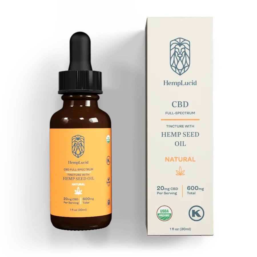 HempLucid Full-Spectrum CBD USDA Organic Tincture with Hemp Seed Oil, natural flavor, 20mg per serving, 600mg total in a dropper bottle beside its white packaging.