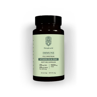 HempLucid Immune Soft-Gel Capsules bottle, labeled with Vitamin D3 & Zinc and CBD, detailing 25mg CBD per serving and 1500mg total content.