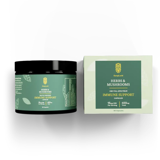 HempLucid Herbs & Mushrooms Immune Support capsules displayed in a black jar next to its green and white packaging box detailing 450mg total CBD content.