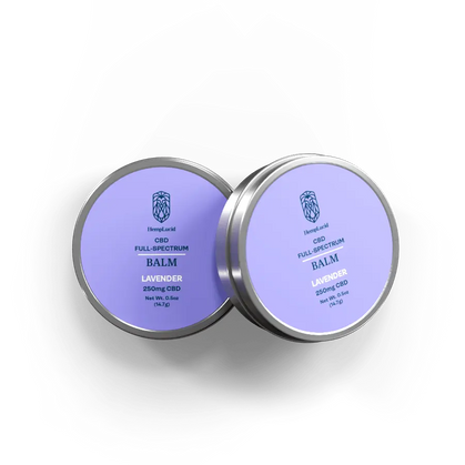 Two tins of HempLucid CBD Full-Spectrum Balm with Lavender, each containing 250mg CBD, showcased with light purple labels.