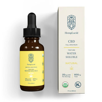 HempLucid Water Soluble 600mg CBD tincture in Natural flavor, 20mg dosage, showcased with its packaging, highlighting the USDA organic certification