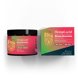 Image of HempLucid mushroom gummies container and box, featuring Reishi and Cordyceps for stress relief, watermelon flavor, with 75mg CBD and 2.5mg THC per serving.