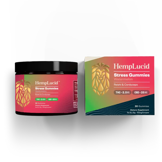 Image of HempLucid mushroom gummies container and box, featuring Reishi and Cordyceps for stress relief, watermelon flavor, with 75mg CBD and 2.5mg THC per serving.