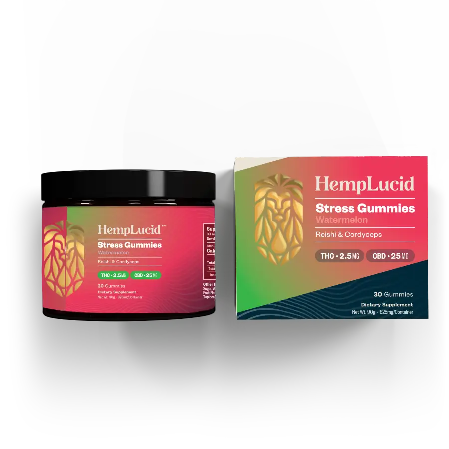 Image of HempLucid mushroom gummies container and box, featuring Reishi and Cordyceps for stress relief, watermelon flavor, with 75mg CBD and 2.5mg THC per serving.