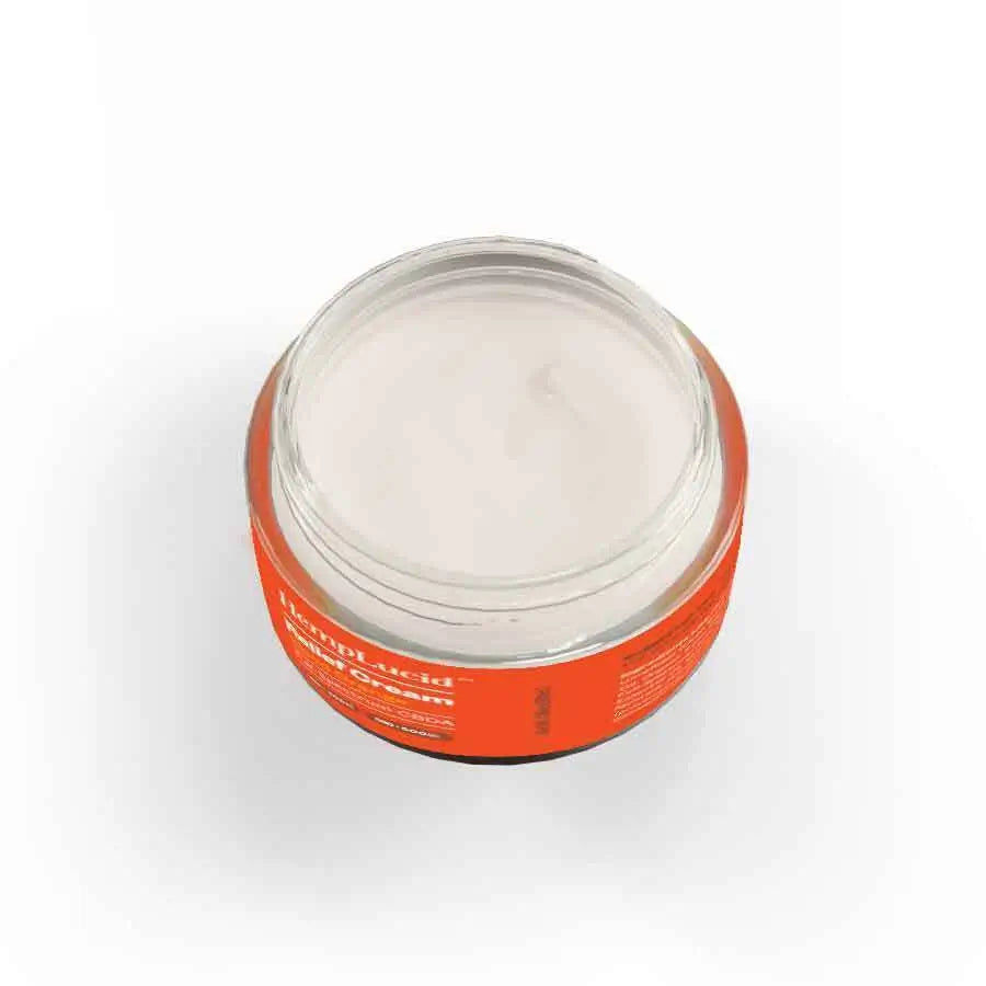 Open jar of HempLucid CBDA Body Cream, showcasing the creamy texture, ideal for skin application.