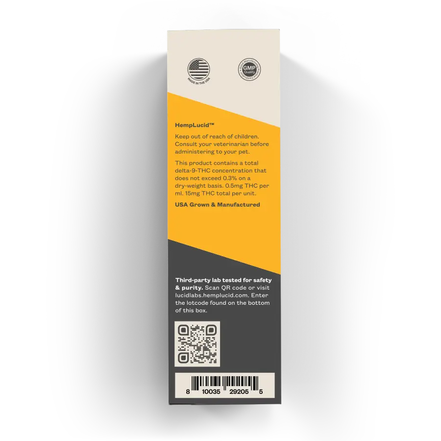 Serving chart and ingredient details for HempLucid CBD Full-Spectrum Chicken Flavor Pet Tincture, indicating dosage for small, medium, and large pets, with organic ingredients including chicken and bacon flavors.