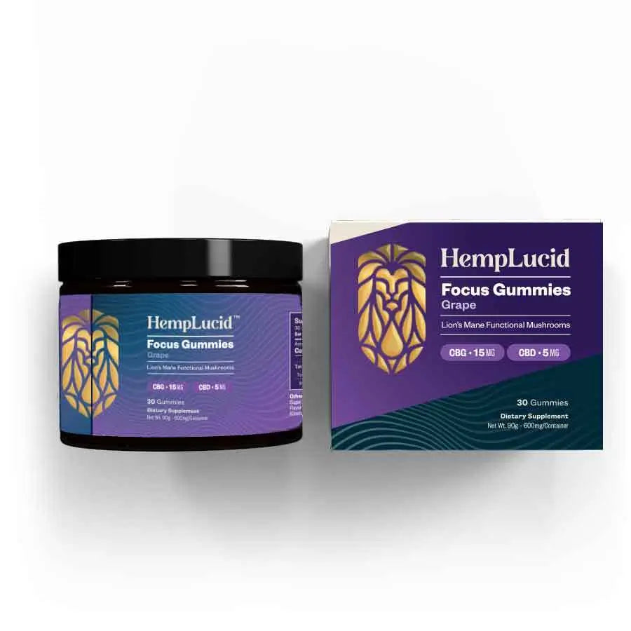 HempLucid Focus Mushroom Gummies with Lion's Mane in Grape Flavor, displayed in a black jar and a matching box highlighting 450mg total content.