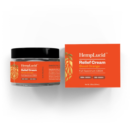 HempLucid CBDA Body Cream 500mg CBDA and 500mg CBD in a green labeled jar next to its packaging, highlighting the natural and full-spectrum properties.