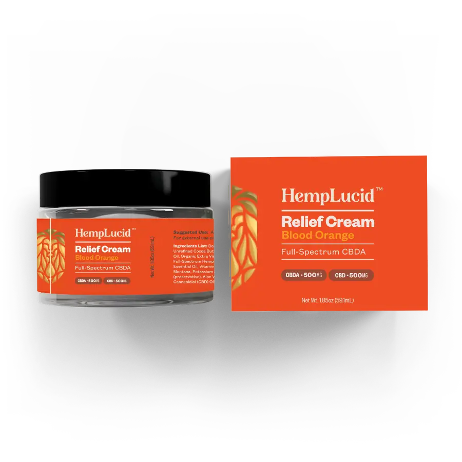 HempLucid CBDA Body Cream 500mg CBDA and 500mg CBD in a green labeled jar next to its packaging, highlighting the natural and full-spectrum properties.