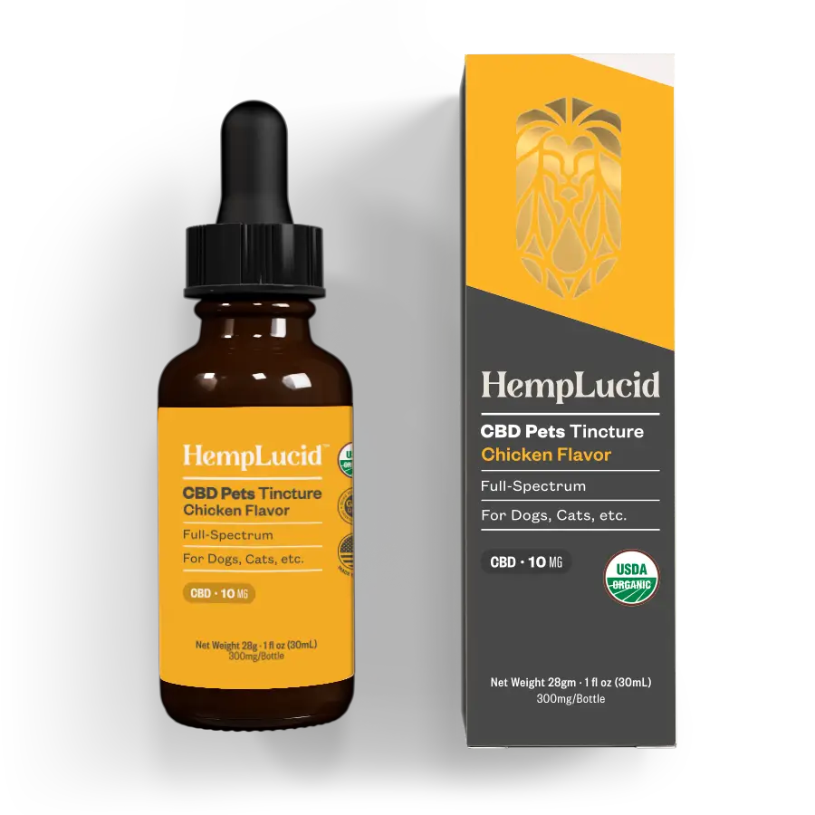 HempLucid CBD Full-Spectrum Pet Tincture in chicken flavor, 10mg CBD per serving, 300mg total, displayed alongside its white packaging box highlighting USDA Organic certification.