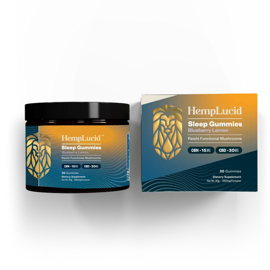 Front view of HempLucid Sleep Gummies packaging, highlighting the infusion of Reishi, Lemon Balm, Valerian Root with CBN and CBD for enhanced sleep, 450mg total