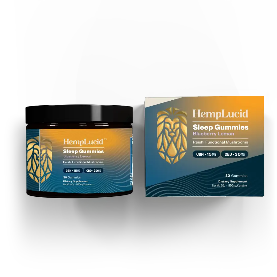 Front view of HempLucid Sleep Gummies packaging, highlighting the infusion of Reishi, Lemon Balm, Valerian Root with CBN and CBD for enhanced sleep, 450mg total