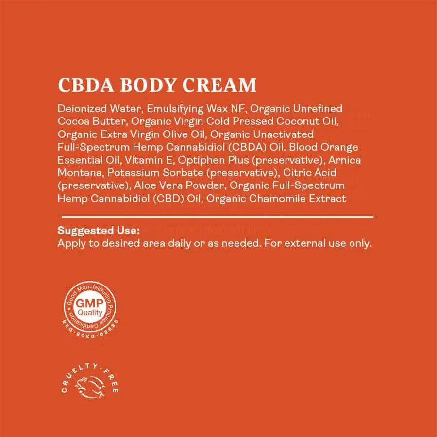 Detailed ingredients list of HempLucid CBDA Body Cream featuring organic cocoa butter, CBD and CBDA oils, and essential nutrients for skincare.
