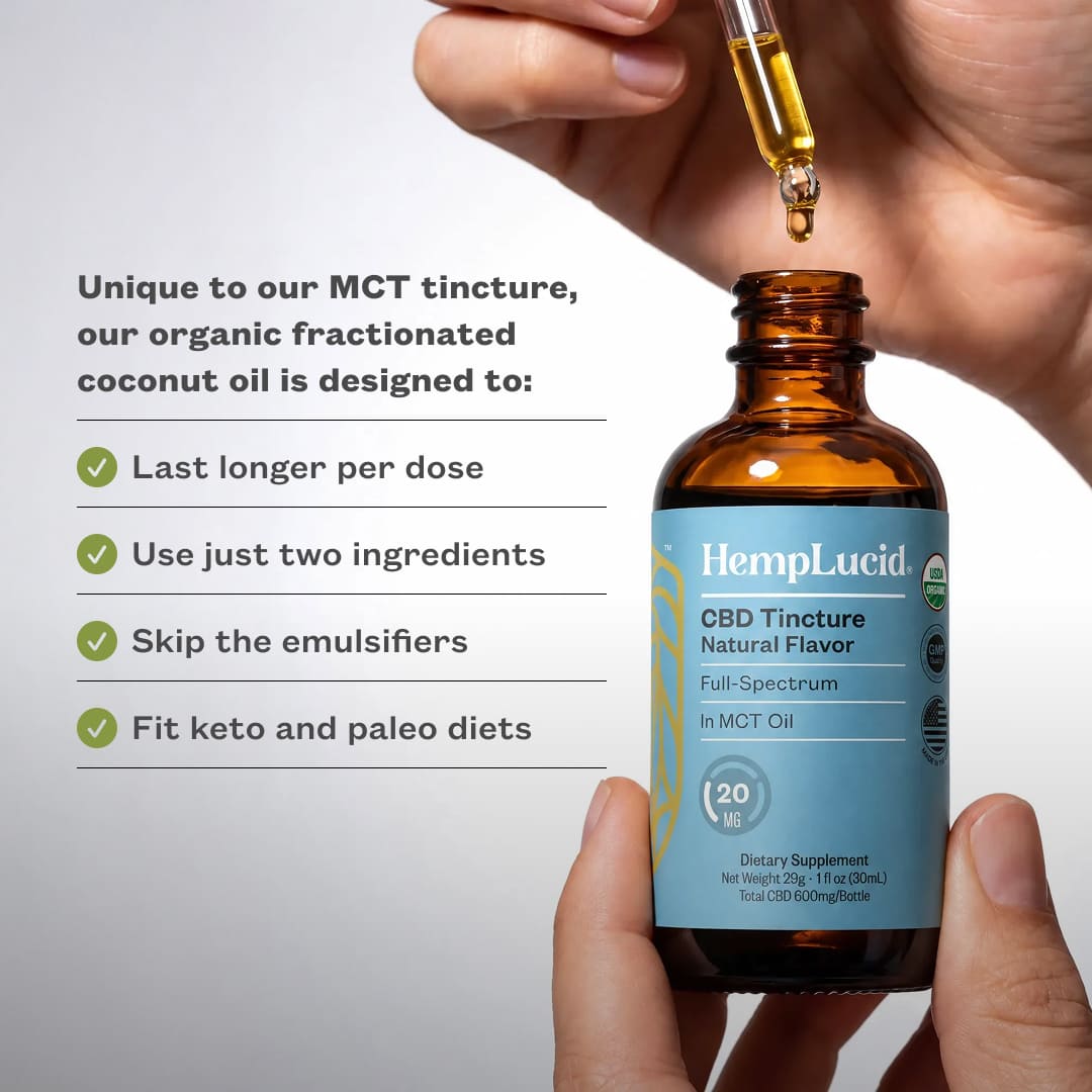 Unique to our MCT tincture, our organic fractionated coconut oil is designed to: last longer per dose, use just two ingredients, skip the emulsifiers, fit keto and paleo diets. A hand dripping oil from te eyedropper back into the HempLucid full-spectrum CBD Tincture in MCT OIl bottle.